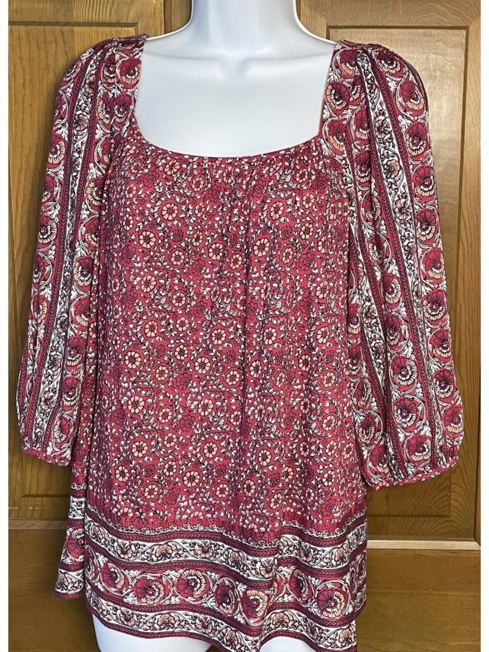 Lucky Brand Top Womens M Red Floral Short Sleeve Boho Cottagecore Prairie Farm